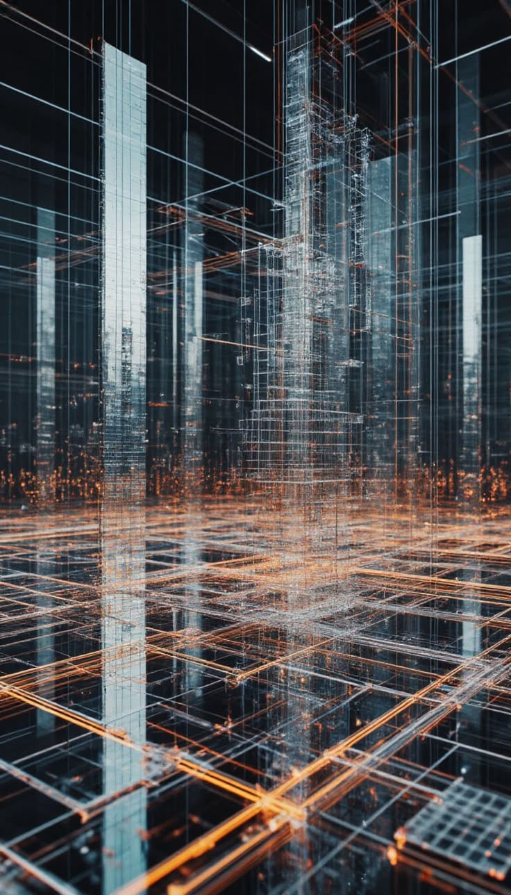 Wireframe rendering of building structures